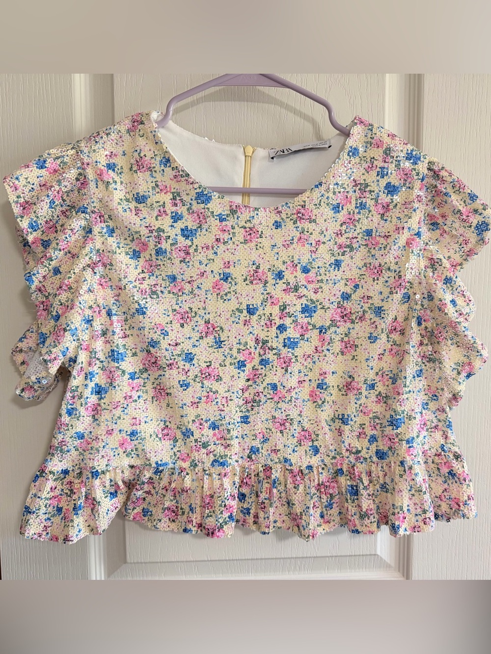 Zara Floral Ruffle Short Sleeve Top in Cream, Pink & Blue on